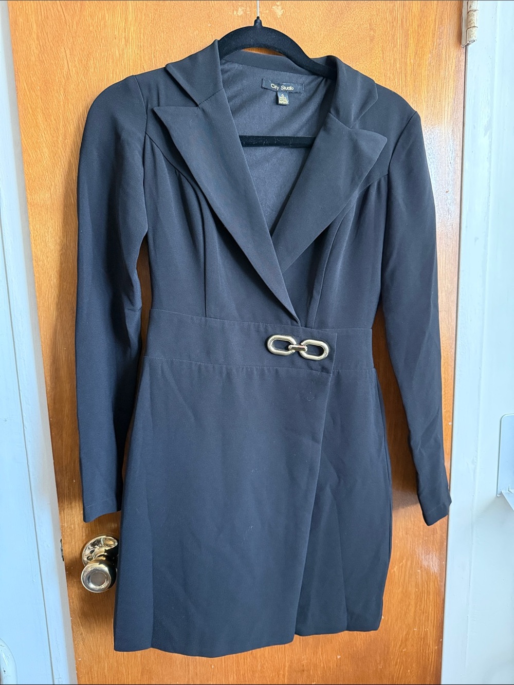 City Studio Black Long Sleeve Blazer Dress with Gold Chain Accent